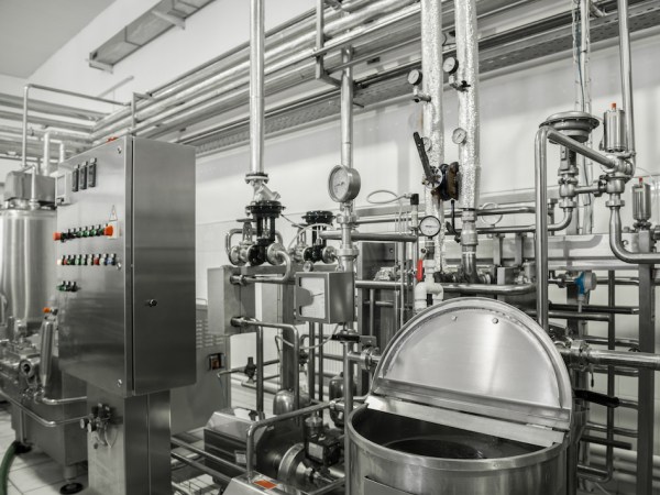 electronic control panel and tank at a milk factory. equipment at the dairy plant